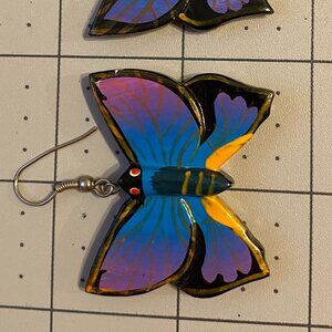Earrings, painted wooden butterflies